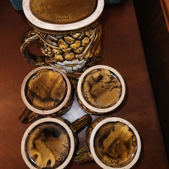 Tea Pitcher Set Embossed 3D Fruit and Daisies Setting for 4 Made in Japan BOHO - Picture 9 of 13